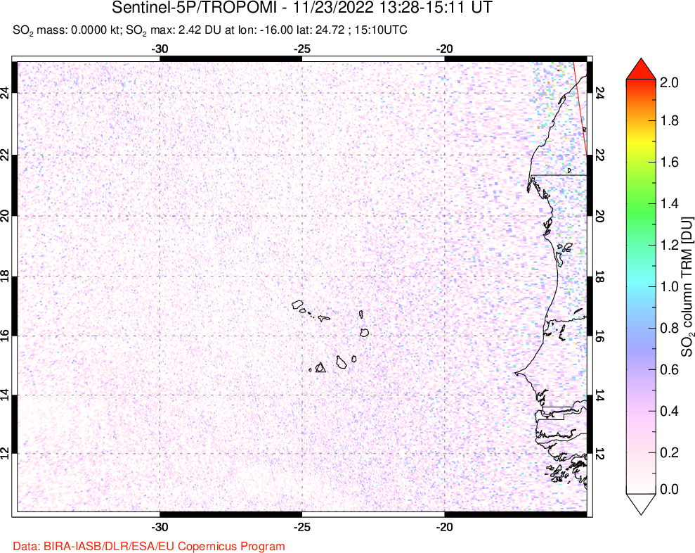 A sulfur dioxide image over Cape Verde Islands on Nov 23, 2022.