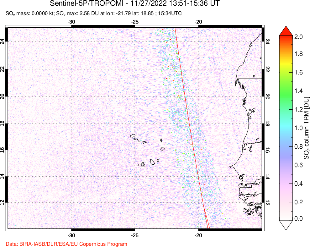 A sulfur dioxide image over Cape Verde Islands on Nov 27, 2022.