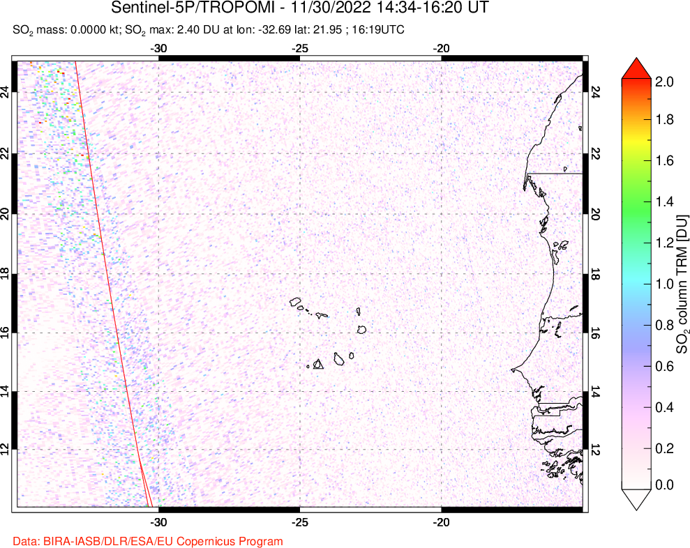A sulfur dioxide image over Cape Verde Islands on Nov 30, 2022.