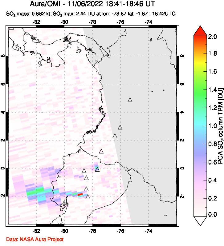 A sulfur dioxide image over Ecuador on Nov 06, 2022.
