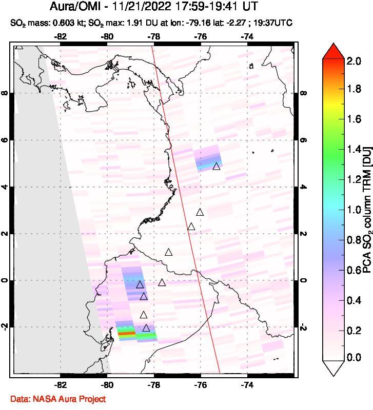 A sulfur dioxide image over Ecuador on Nov 21, 2022.