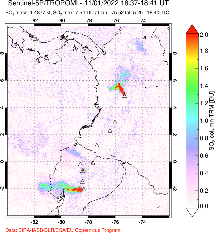A sulfur dioxide image over Ecuador on Nov 01, 2022.