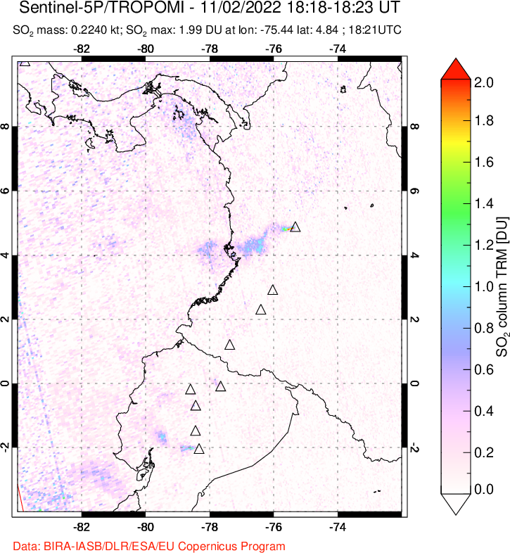A sulfur dioxide image over Ecuador on Nov 02, 2022.