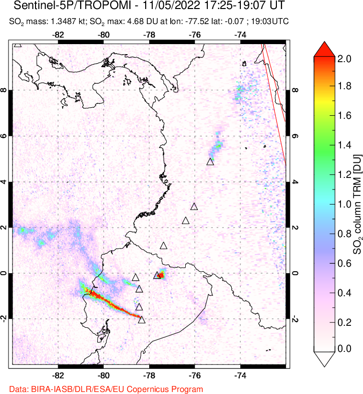 A sulfur dioxide image over Ecuador on Nov 05, 2022.