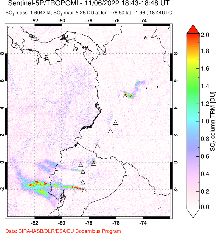 A sulfur dioxide image over Ecuador on Nov 06, 2022.