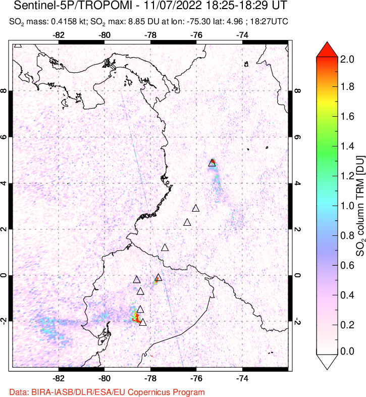 A sulfur dioxide image over Ecuador on Nov 07, 2022.