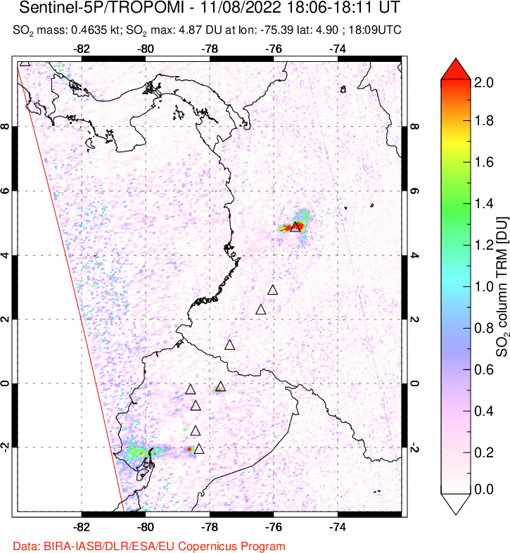 A sulfur dioxide image over Ecuador on Nov 08, 2022.