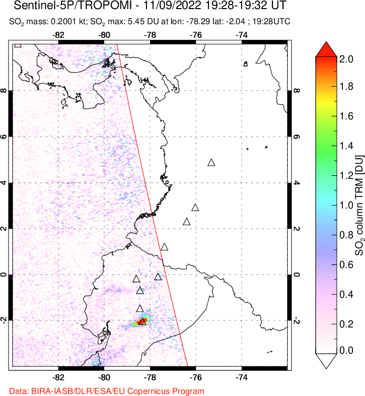A sulfur dioxide image over Ecuador on Nov 09, 2022.