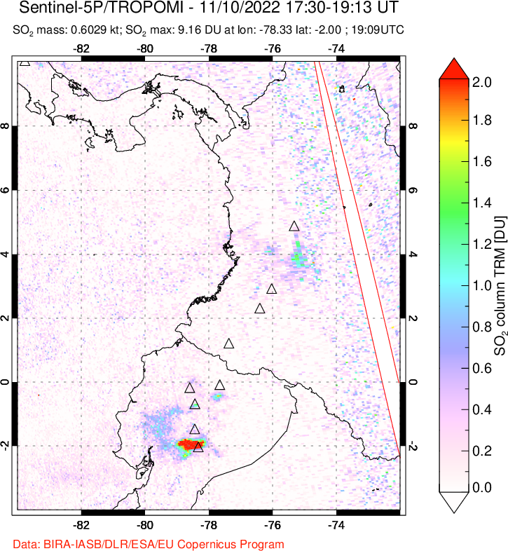 A sulfur dioxide image over Ecuador on Nov 10, 2022.
