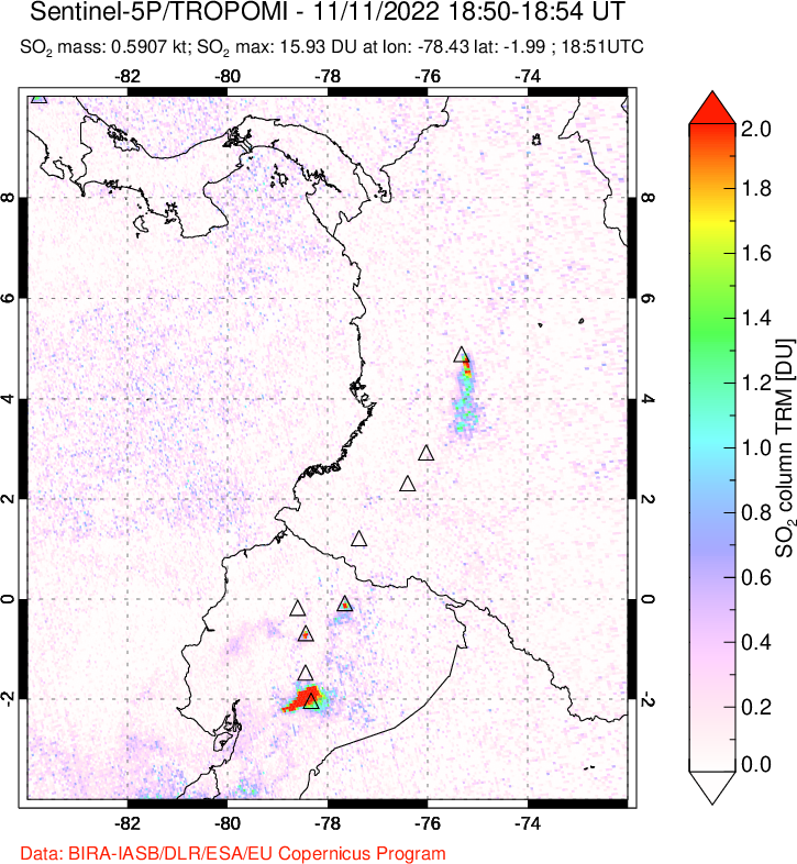 A sulfur dioxide image over Ecuador on Nov 11, 2022.