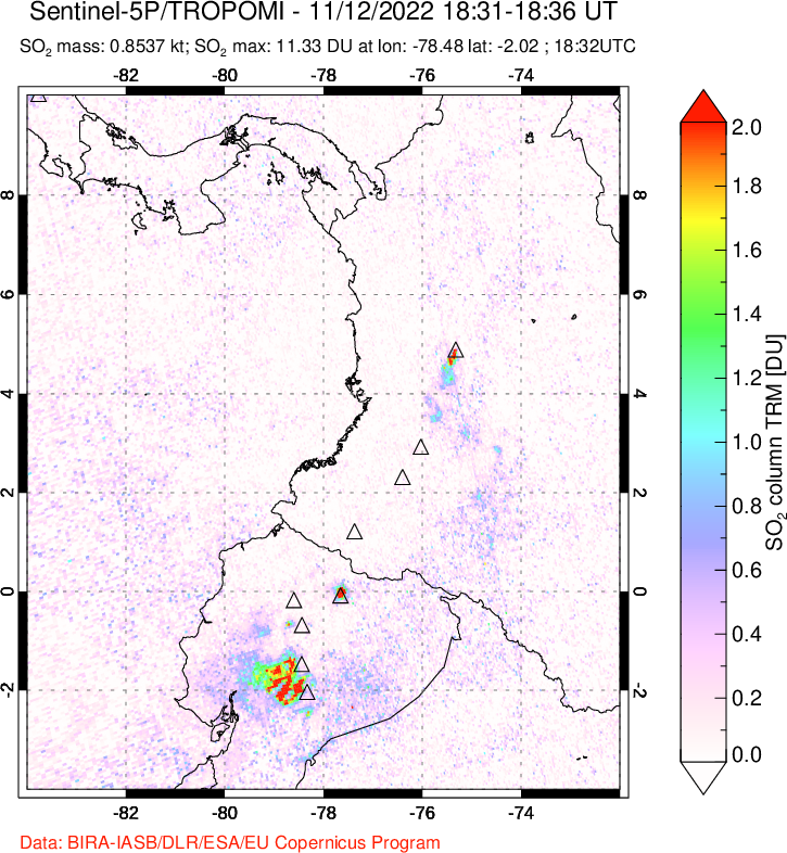 A sulfur dioxide image over Ecuador on Nov 12, 2022.