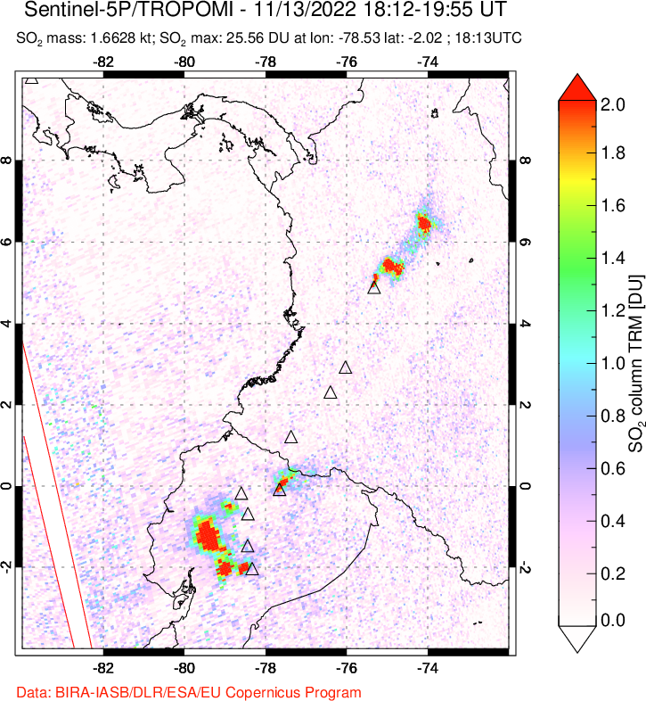 A sulfur dioxide image over Ecuador on Nov 13, 2022.