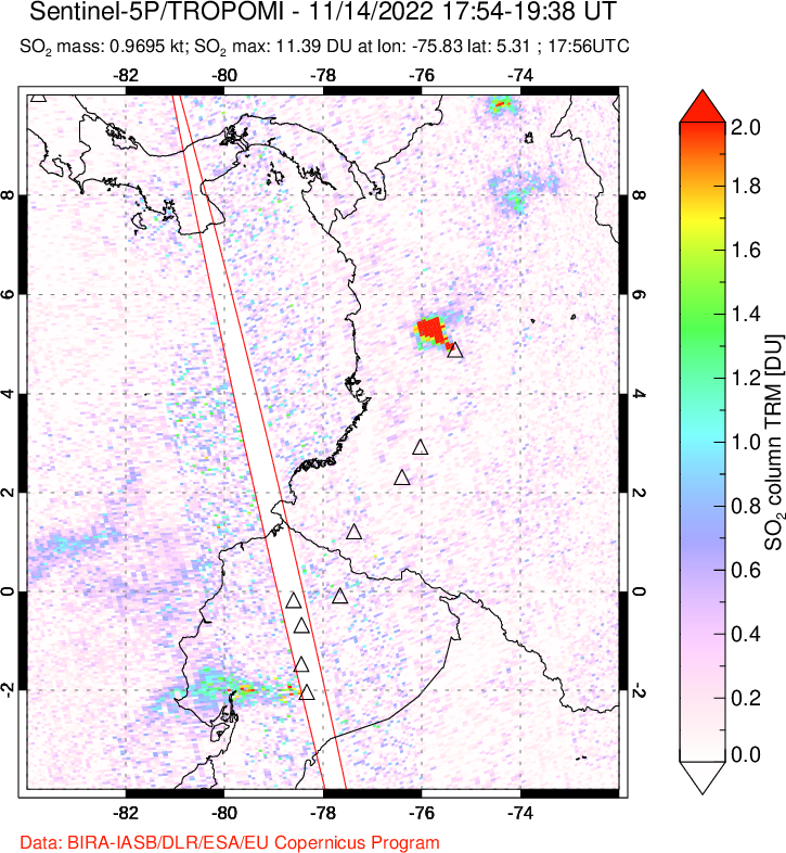 A sulfur dioxide image over Ecuador on Nov 14, 2022.