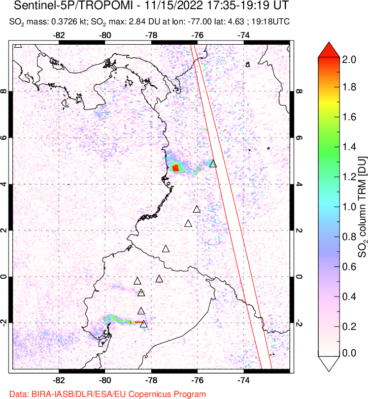 A sulfur dioxide image over Ecuador on Nov 15, 2022.