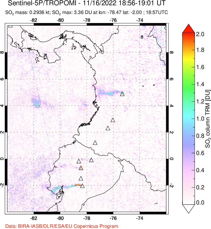A sulfur dioxide image over Ecuador on Nov 16, 2022.