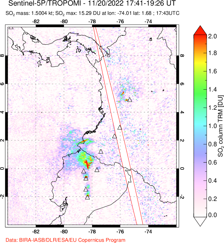 A sulfur dioxide image over Ecuador on Nov 20, 2022.