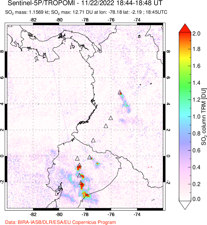 A sulfur dioxide image over Ecuador on Nov 22, 2022.
