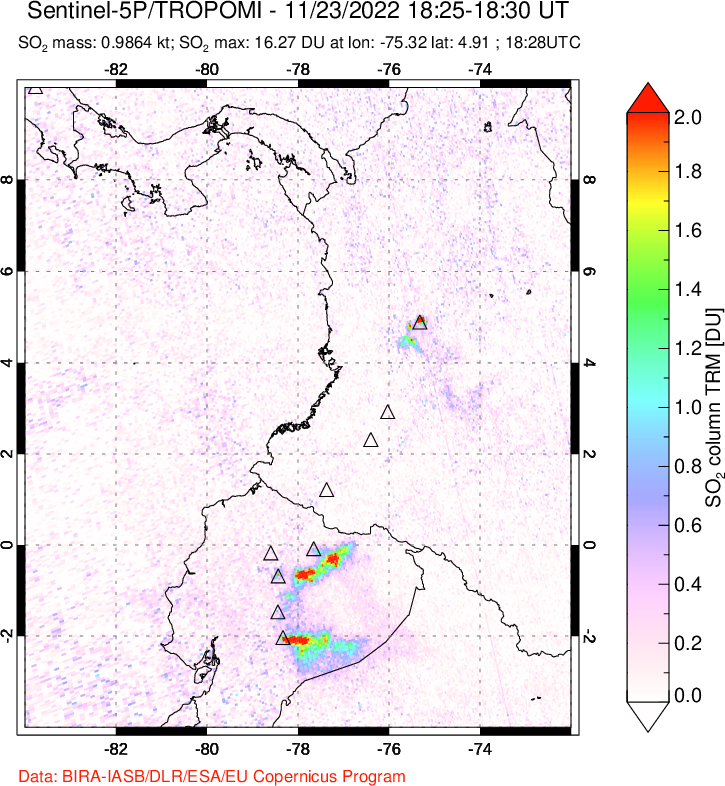 A sulfur dioxide image over Ecuador on Nov 23, 2022.
