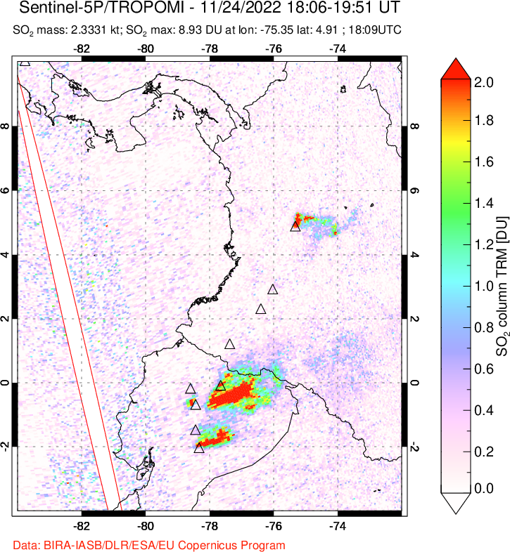 A sulfur dioxide image over Ecuador on Nov 24, 2022.