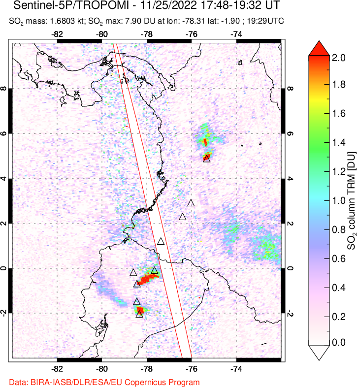 A sulfur dioxide image over Ecuador on Nov 25, 2022.