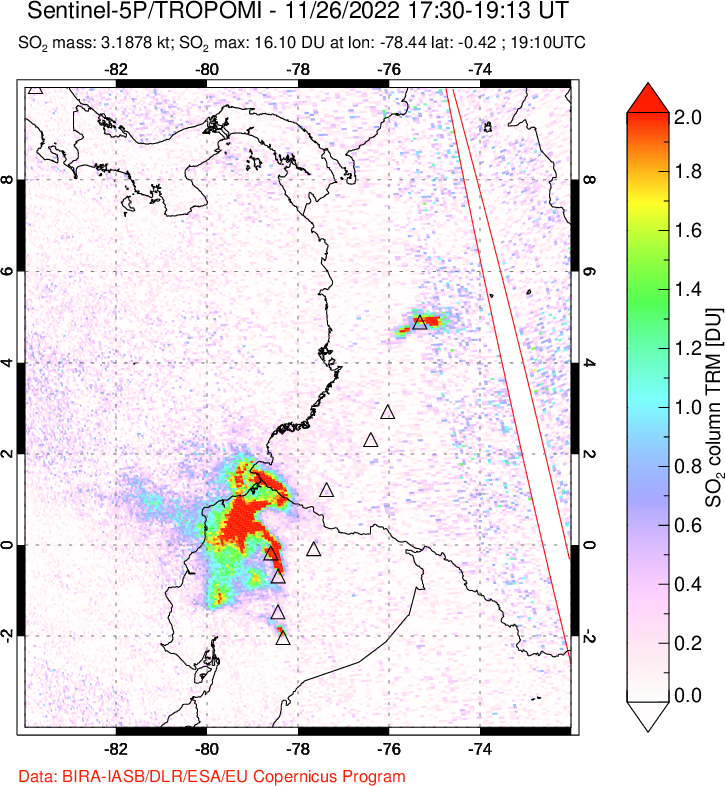 A sulfur dioxide image over Ecuador on Nov 26, 2022.