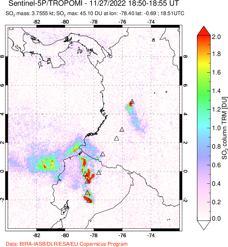 A sulfur dioxide image over Ecuador on Nov 27, 2022.