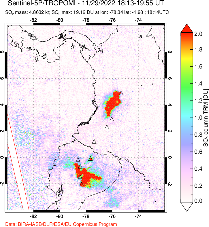 A sulfur dioxide image over Ecuador on Nov 29, 2022.