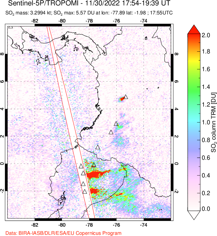 A sulfur dioxide image over Ecuador on Nov 30, 2022.