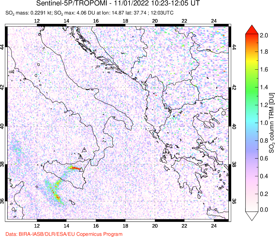 A sulfur dioxide image over Etna, Sicily, Italy on Nov 01, 2022.