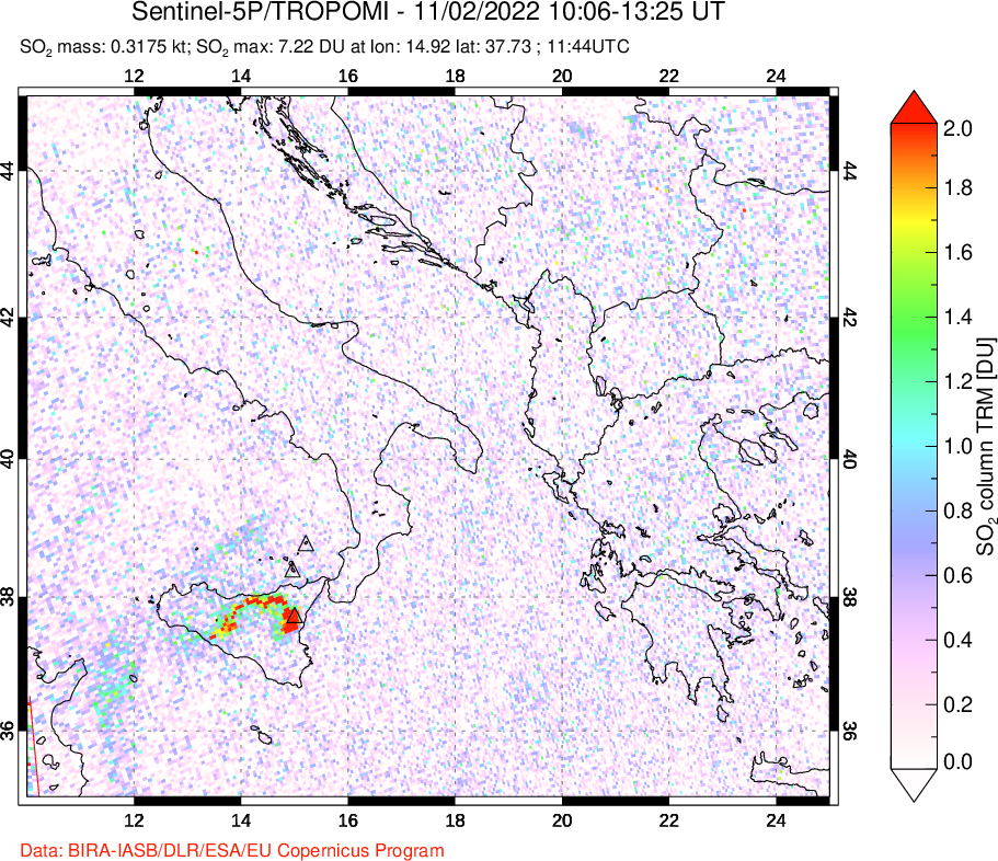 A sulfur dioxide image over Etna, Sicily, Italy on Nov 02, 2022.
