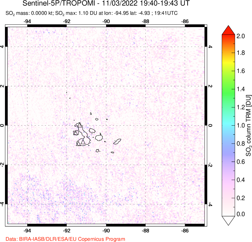 A sulfur dioxide image over Galápagos Islands on Nov 03, 2022.
