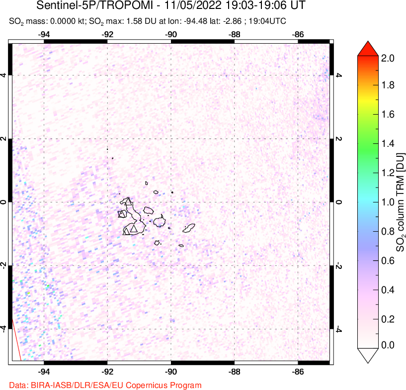A sulfur dioxide image over Galápagos Islands on Nov 05, 2022.