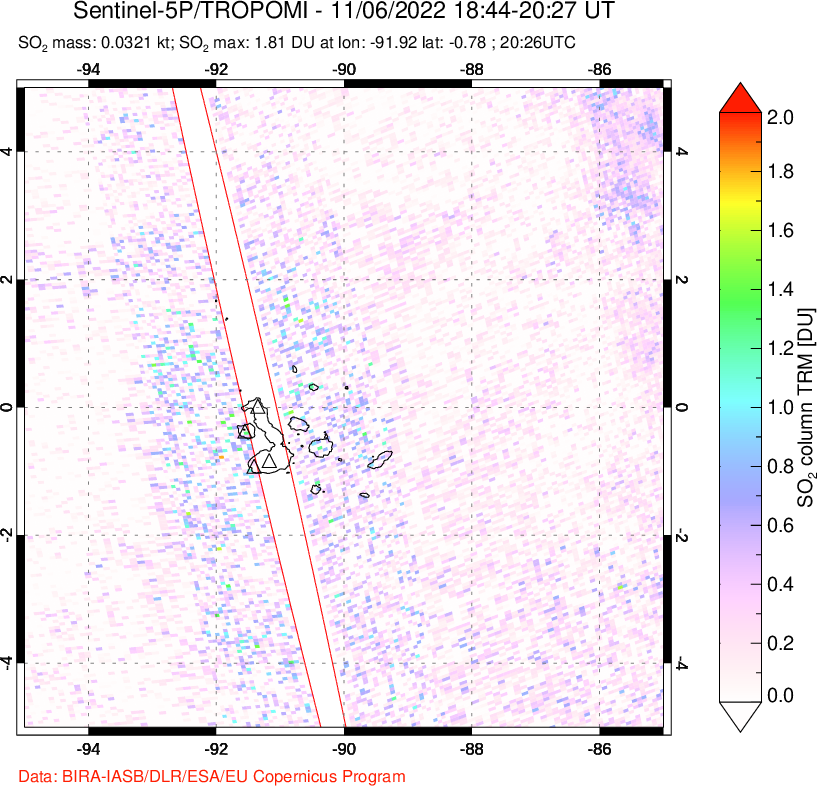 A sulfur dioxide image over Galápagos Islands on Nov 06, 2022.