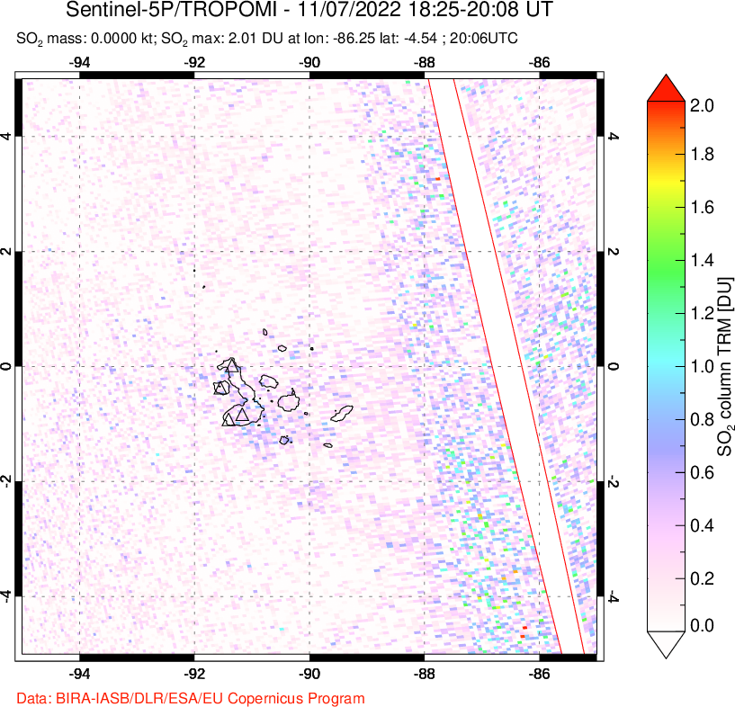 A sulfur dioxide image over Galápagos Islands on Nov 07, 2022.