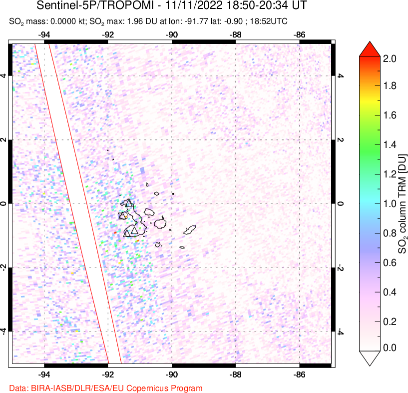 A sulfur dioxide image over Galápagos Islands on Nov 11, 2022.