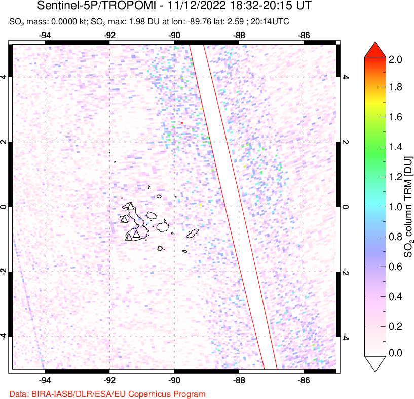 A sulfur dioxide image over Galápagos Islands on Nov 12, 2022.