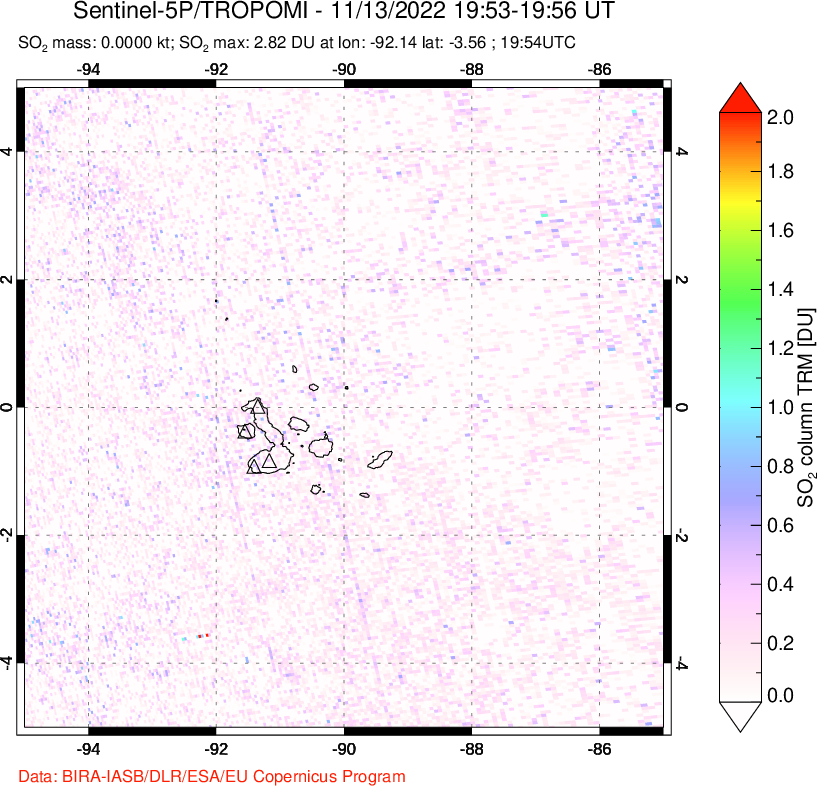 A sulfur dioxide image over Galápagos Islands on Nov 13, 2022.