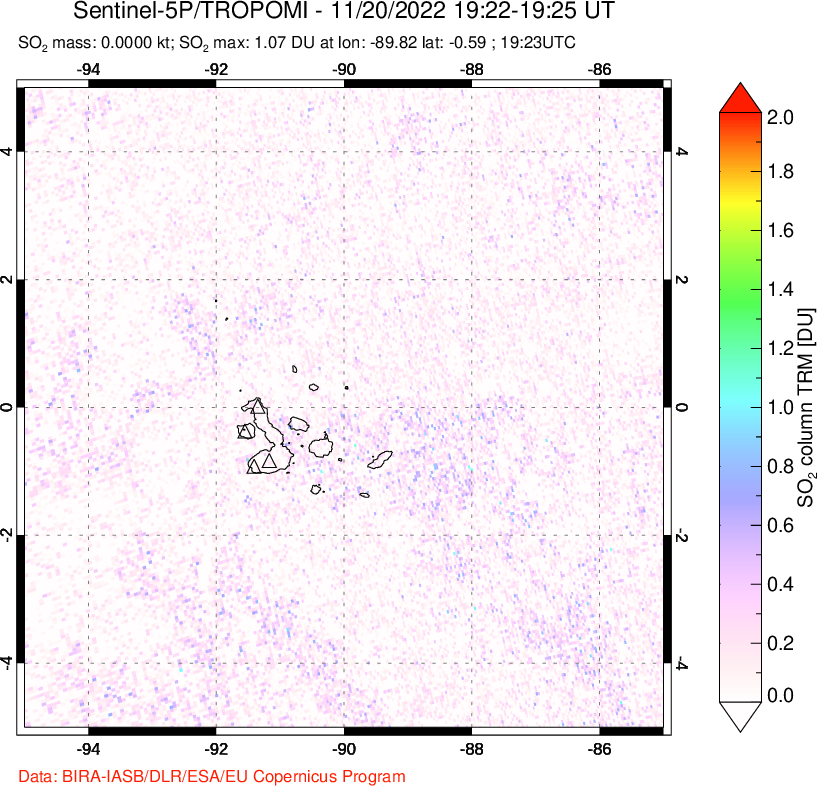 A sulfur dioxide image over Galápagos Islands on Nov 20, 2022.