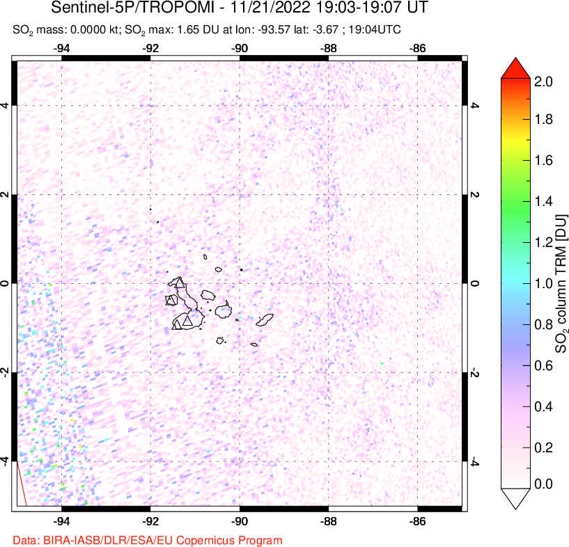 A sulfur dioxide image over Galápagos Islands on Nov 21, 2022.