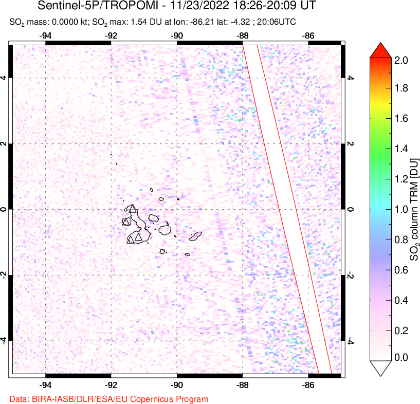 A sulfur dioxide image over Galápagos Islands on Nov 23, 2022.