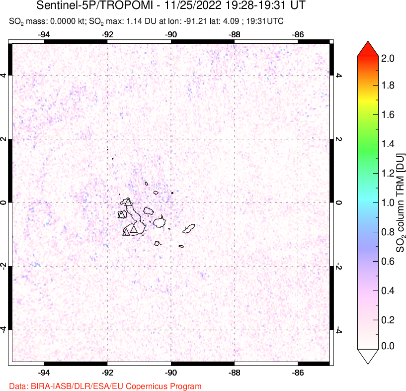 A sulfur dioxide image over Galápagos Islands on Nov 25, 2022.