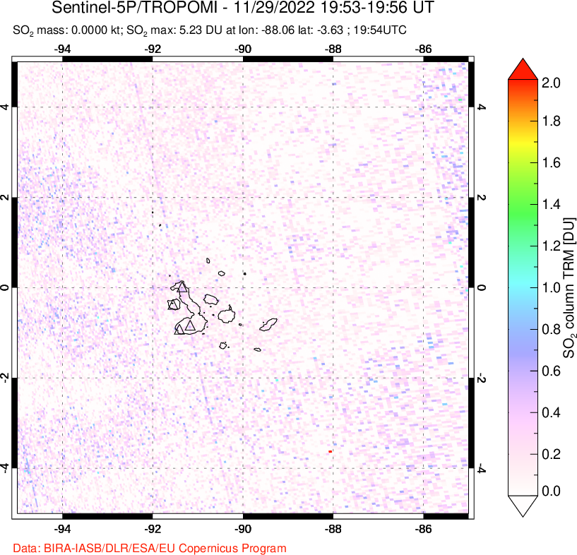 A sulfur dioxide image over Galápagos Islands on Nov 29, 2022.