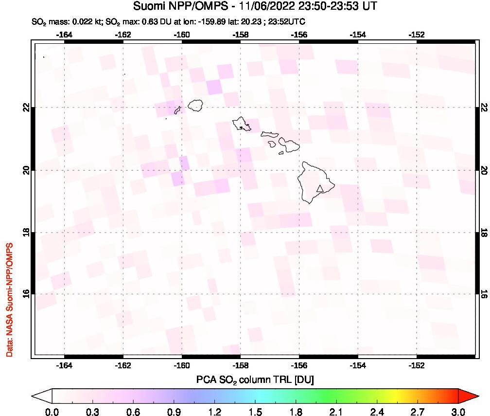 A sulfur dioxide image over Hawaii, USA on Nov 06, 2022.