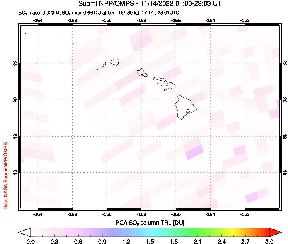 A sulfur dioxide image over Hawaii, USA on Nov 14, 2022.