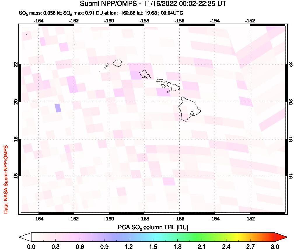 A sulfur dioxide image over Hawaii, USA on Nov 16, 2022.