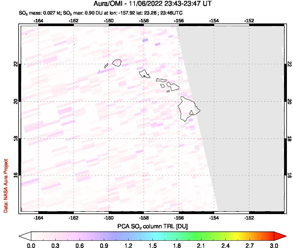A sulfur dioxide image over Hawaii, USA on Nov 06, 2022.