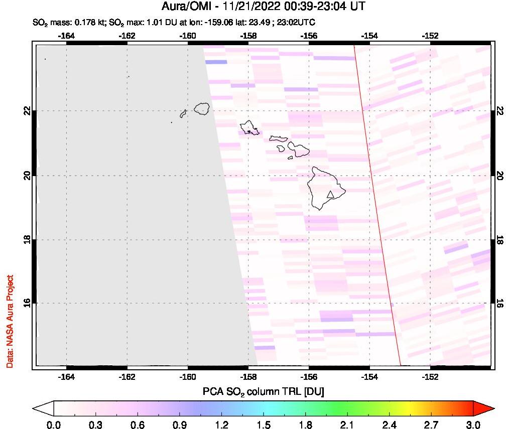 A sulfur dioxide image over Hawaii, USA on Nov 21, 2022.