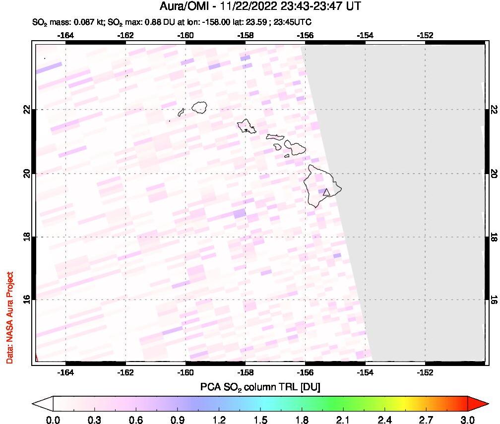 A sulfur dioxide image over Hawaii, USA on Nov 22, 2022.