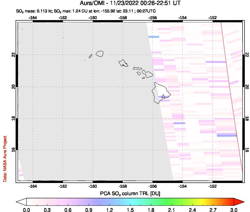 A sulfur dioxide image over Hawaii, USA on Nov 23, 2022.