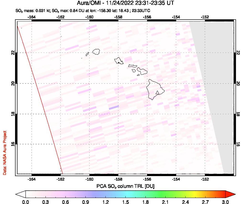 A sulfur dioxide image over Hawaii, USA on Nov 24, 2022.